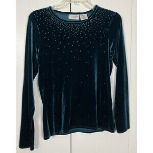 NWOT Jaclyn Smith Classic Forest Green Shiny Velvety feel Beaded Top Small